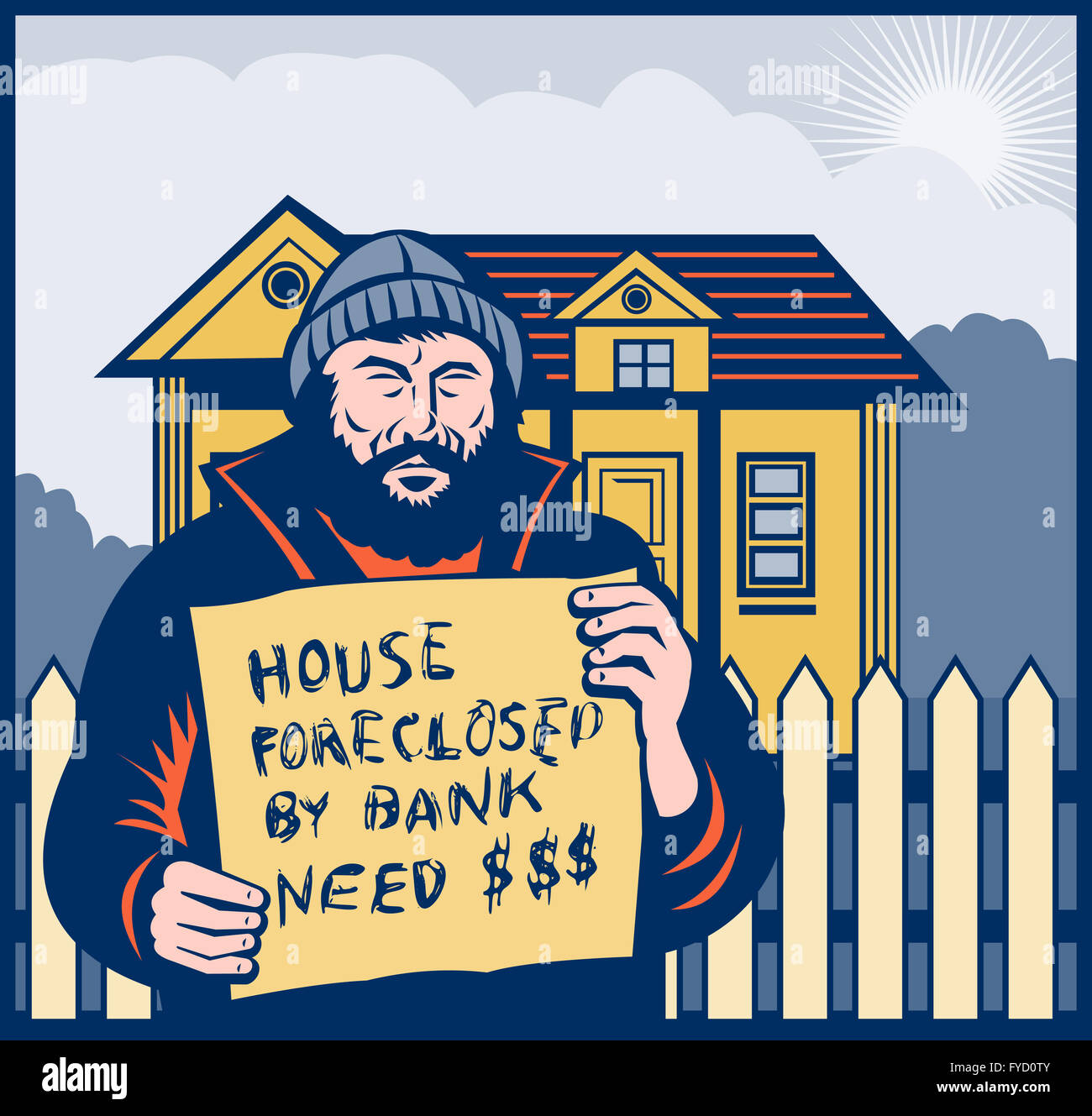 Uomo senza tetto o segno hobo precluso house Foto Stock