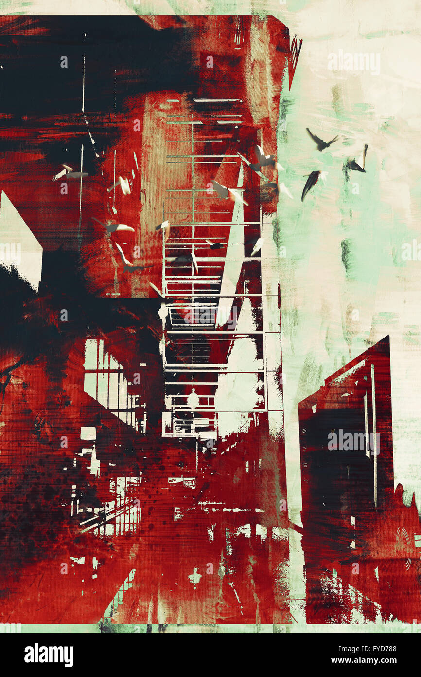 Abstract architettura rosso con texture grunge, illustrazione arte digitale Foto Stock