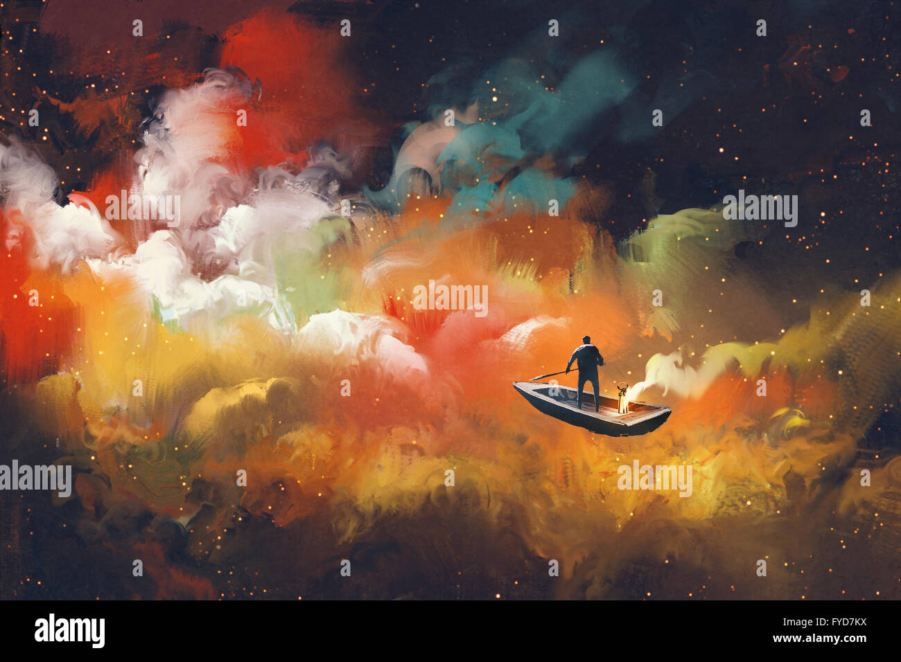 Un uomo su una barca in uno spazio esterno con colorati cloud, illustrazione Foto Stock