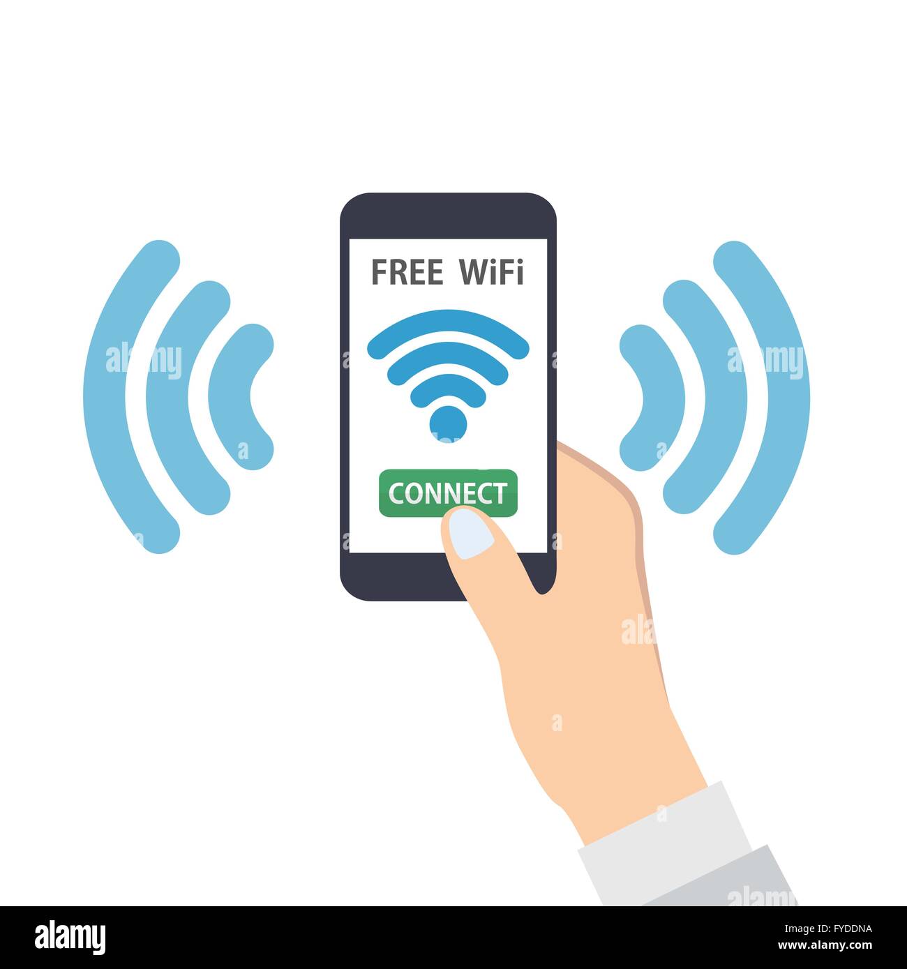 Mano azienda smart phone con connessione wifi gratuita Connessione wireless Illustrazione Vettoriale