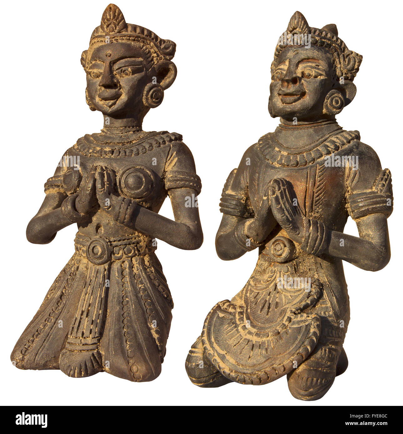 Due sculture della Birmania (preghiera) su bianco Foto Stock