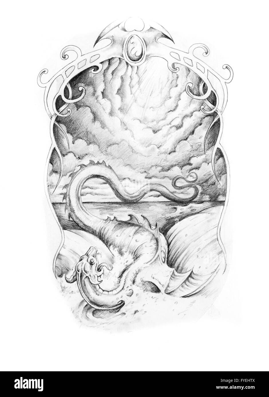 Schizzo di arte del tatuaggio, dragon Foto Stock