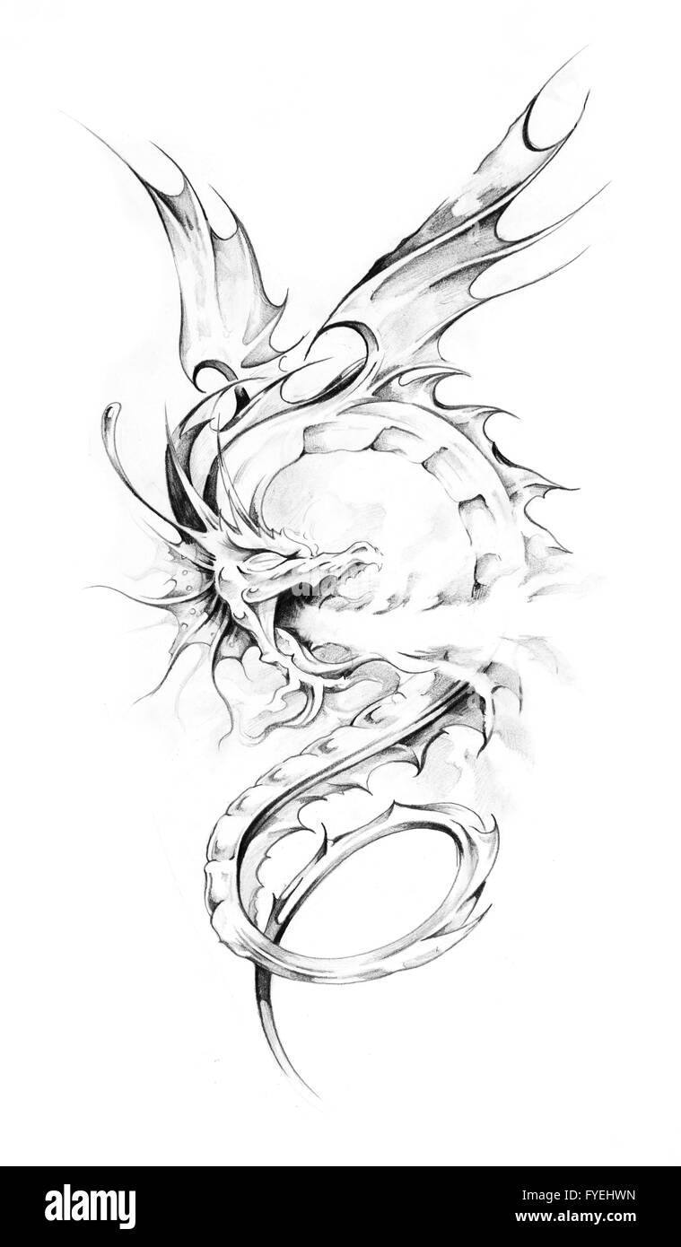Schizzo di arte del tatuaggio, dragon Foto Stock