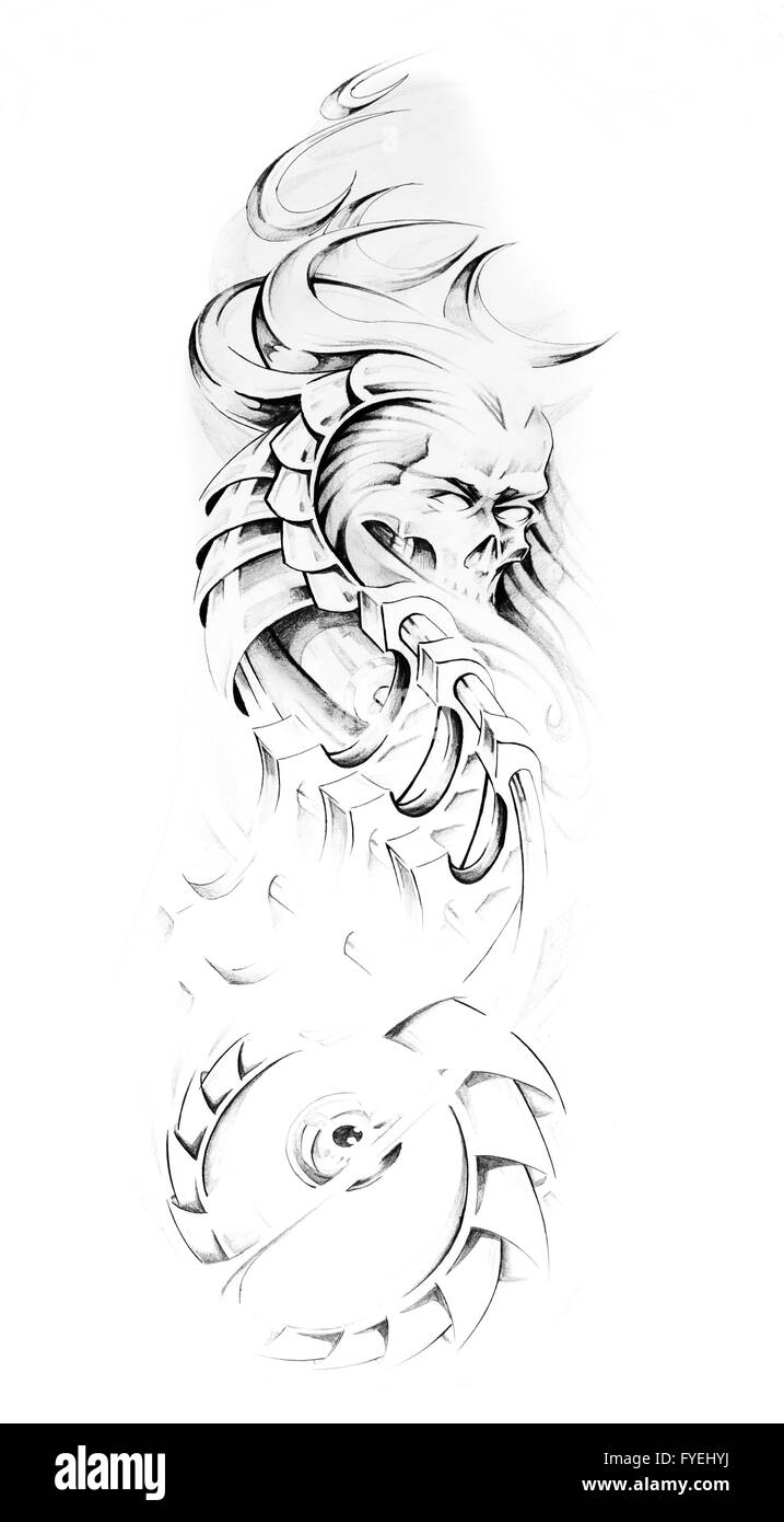 Schizzo di arte del tatuaggio, animale mostro e la macchina Foto Stock