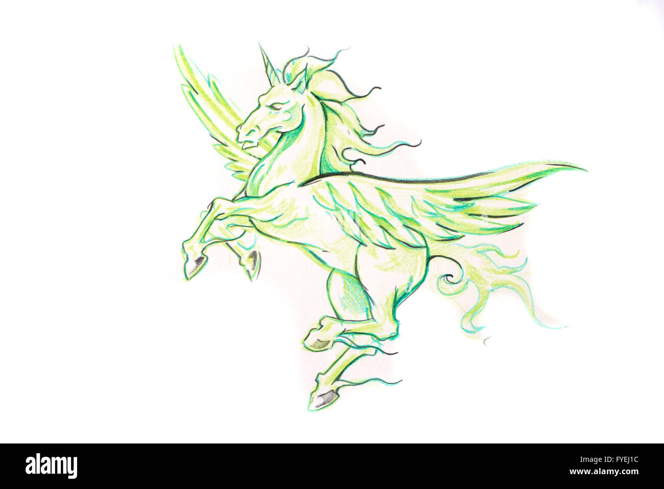 Arte del tatuaggio, schizzo di un unicorno Foto Stock