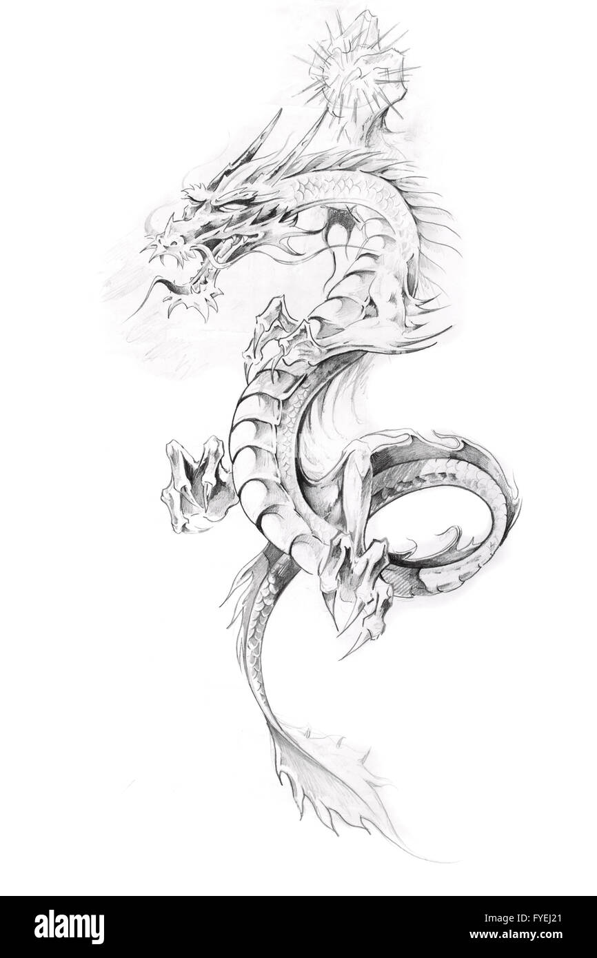 Arte del tatuaggio, schizzo di un drago Foto Stock