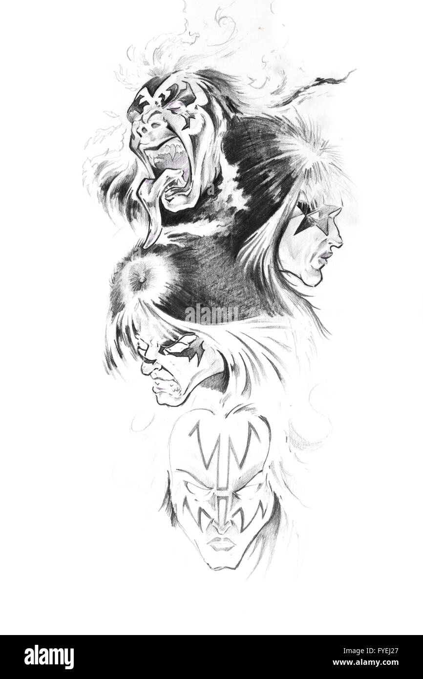 Arte del tatuaggio, disegna la musica rock Foto Stock