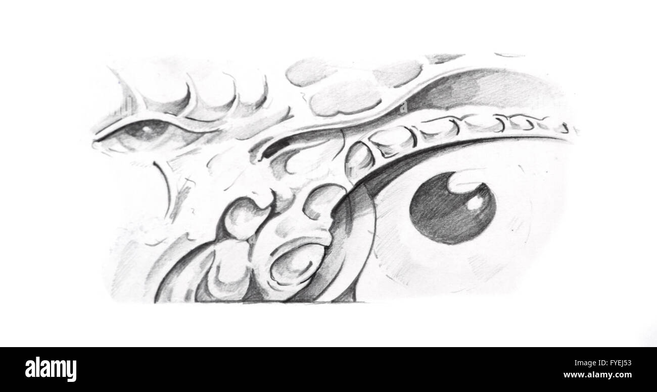 Schizzo di arte del tatuaggio, occhio meccanico Foto Stock