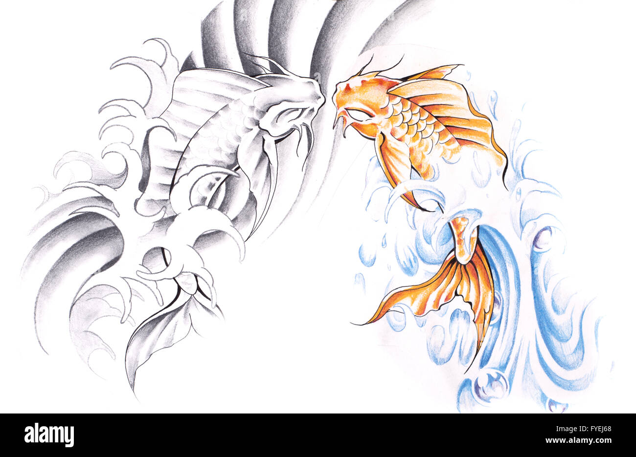 Schizzo di arte del tatuaggio, goldfish Foto Stock