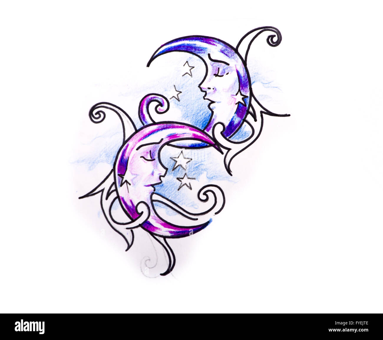 Arte del tatuaggio, schizzo di una luna con i tribali Foto Stock