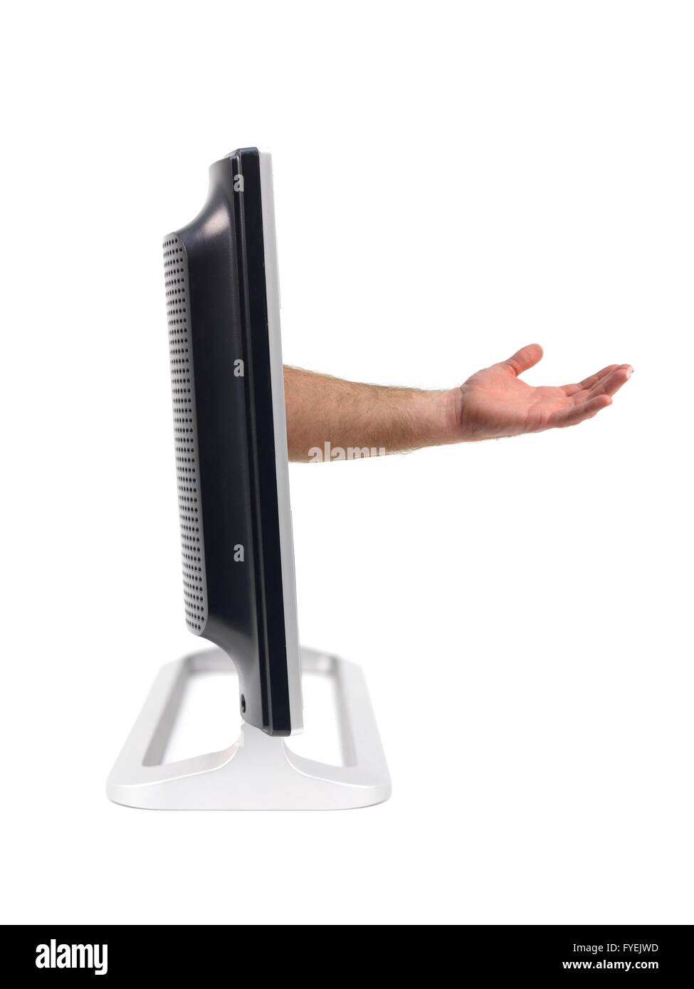 Un TV LCD monitor con una mano sporgenti in fuori isolata contro uno sfondo bianco Foto Stock