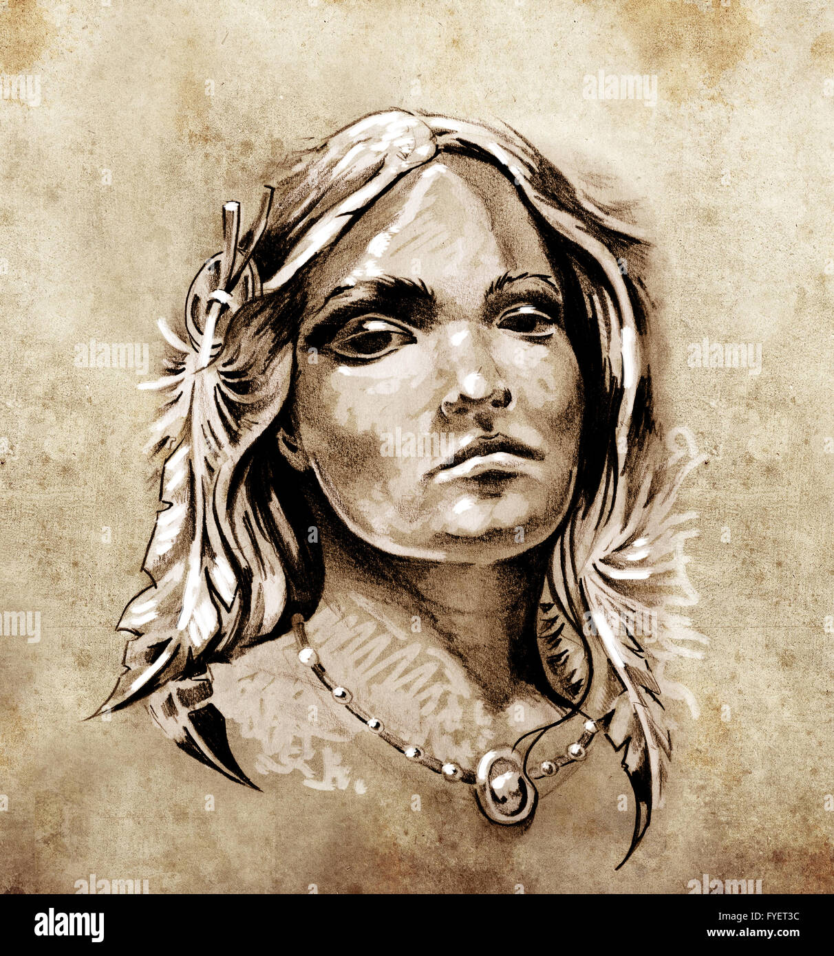 Schizzo di arte del tatuaggio, incantevole e appassionato di guardare da una tenda di American Indian girl Foto Stock