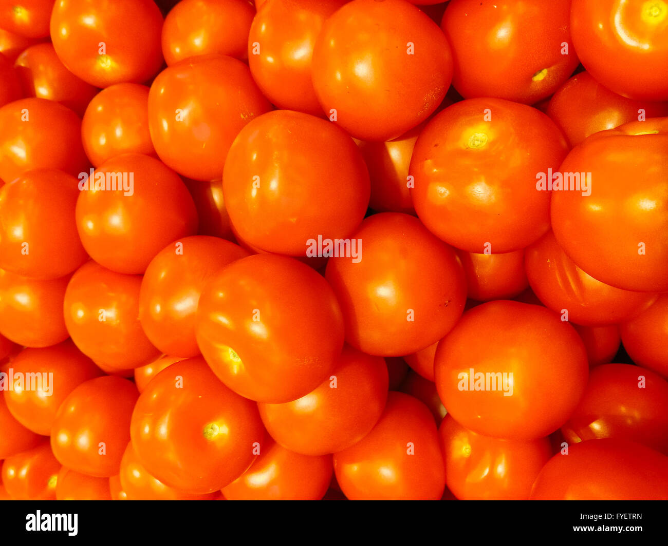 Sfondo con freschi pomodori rossi nel mercato. Foto Stock