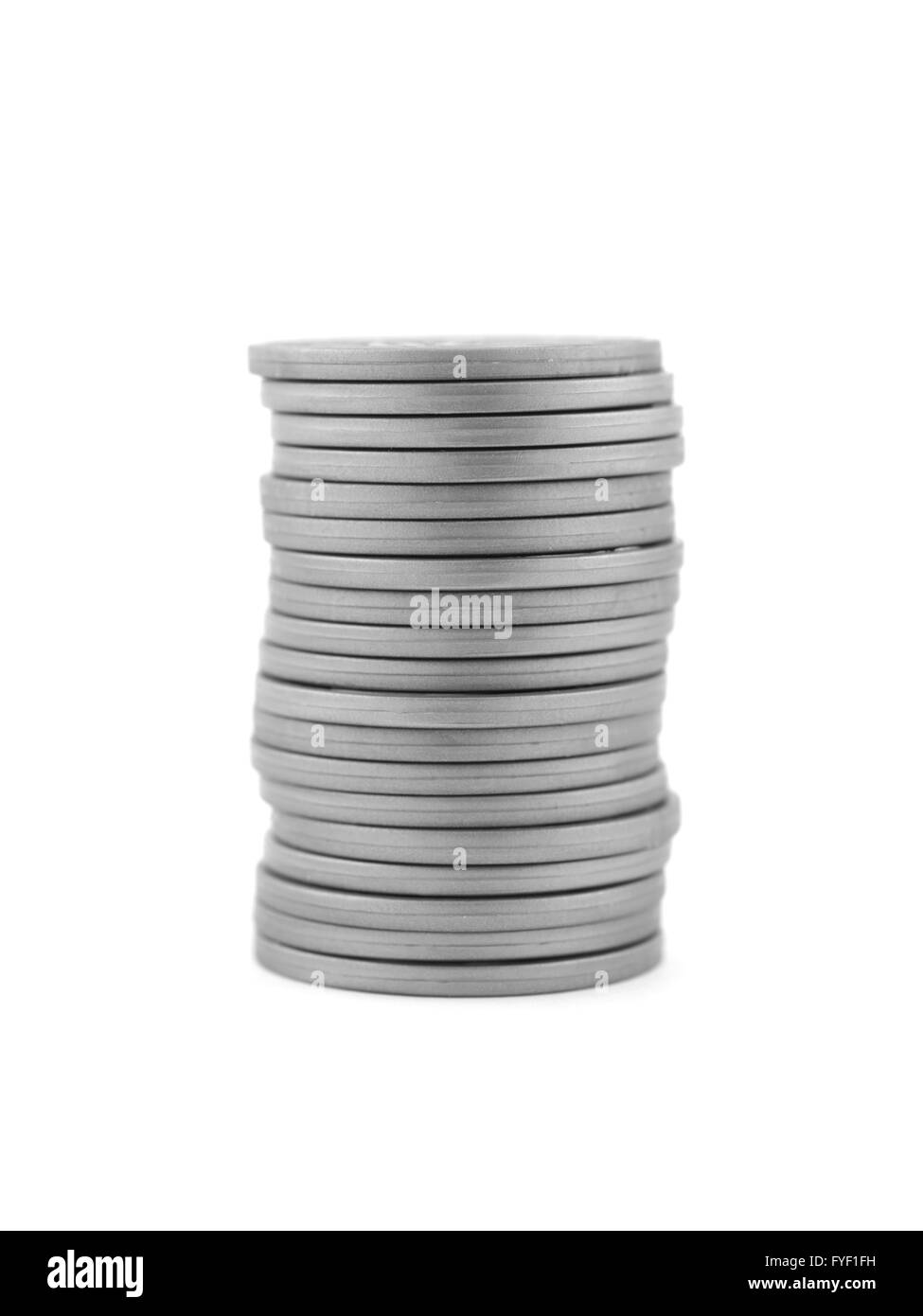 Argento il denaro di gioco isolata contro uno sfondo bianco Foto Stock