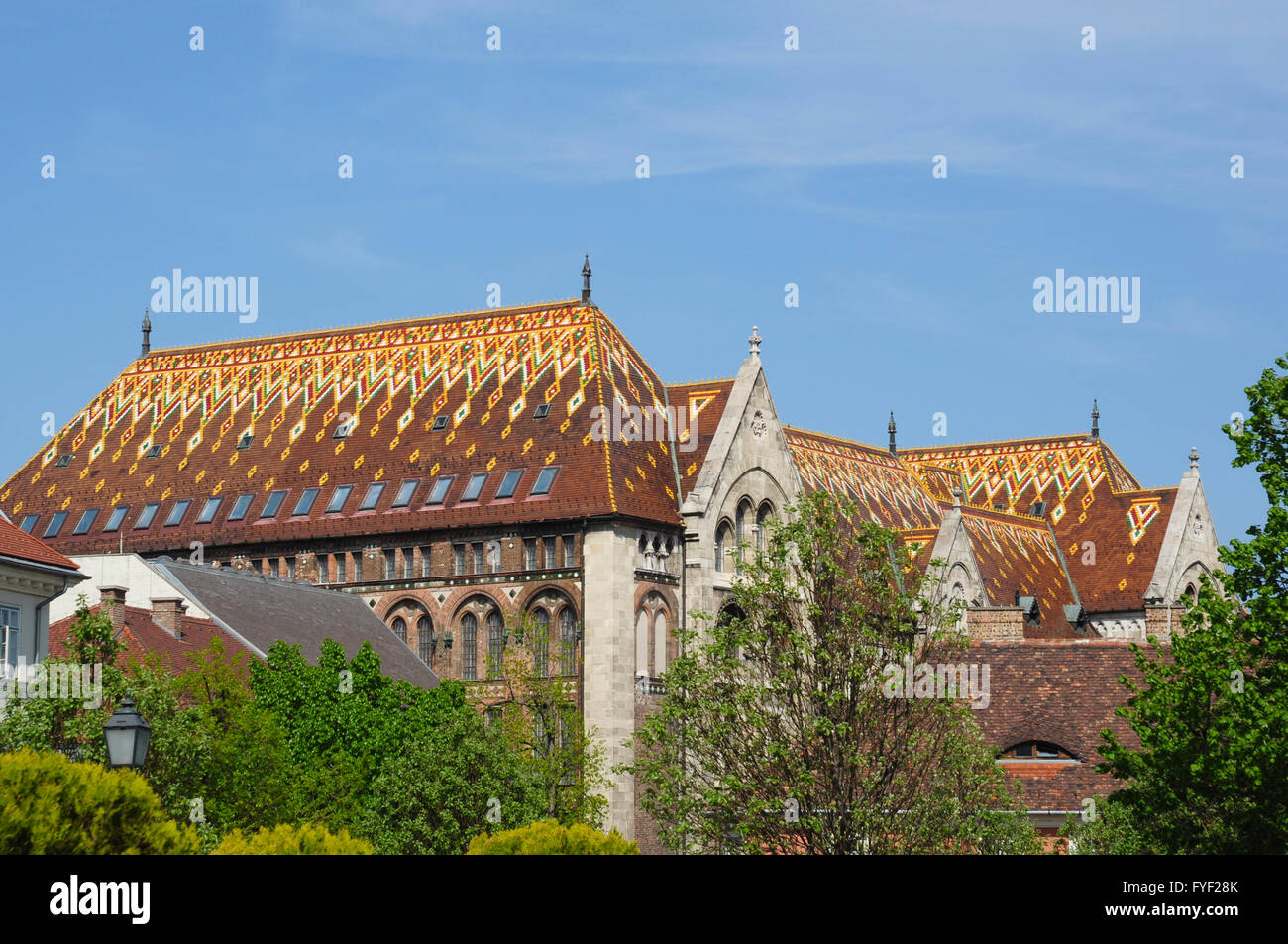 Ornati sul tetto dell'edificio dell'Archivio Nazionale di Ungheria, Budapest Castle District, Budapest, Ungheria Foto Stock