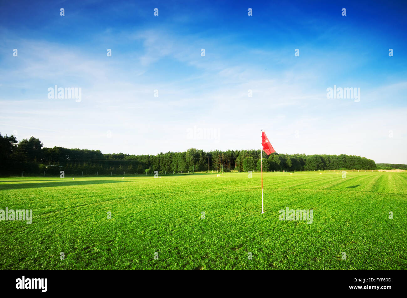 Campo da golf con erba verde e bandiera rossa. Foto Stock