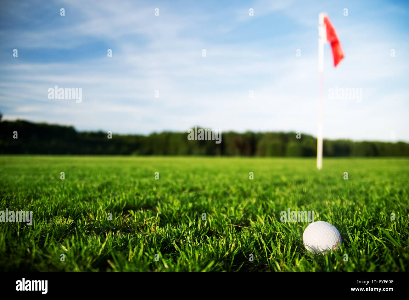 Campo da golf con erba verde e bandiera rossa. Foto Stock