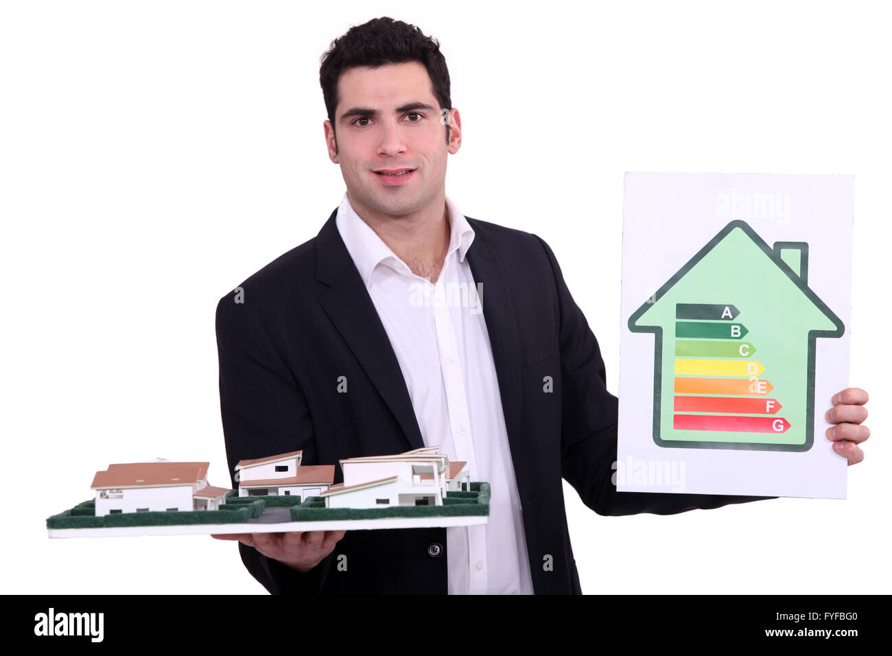 Architetto modello di tenuta alloggiamento e energia pannello di rating Foto Stock