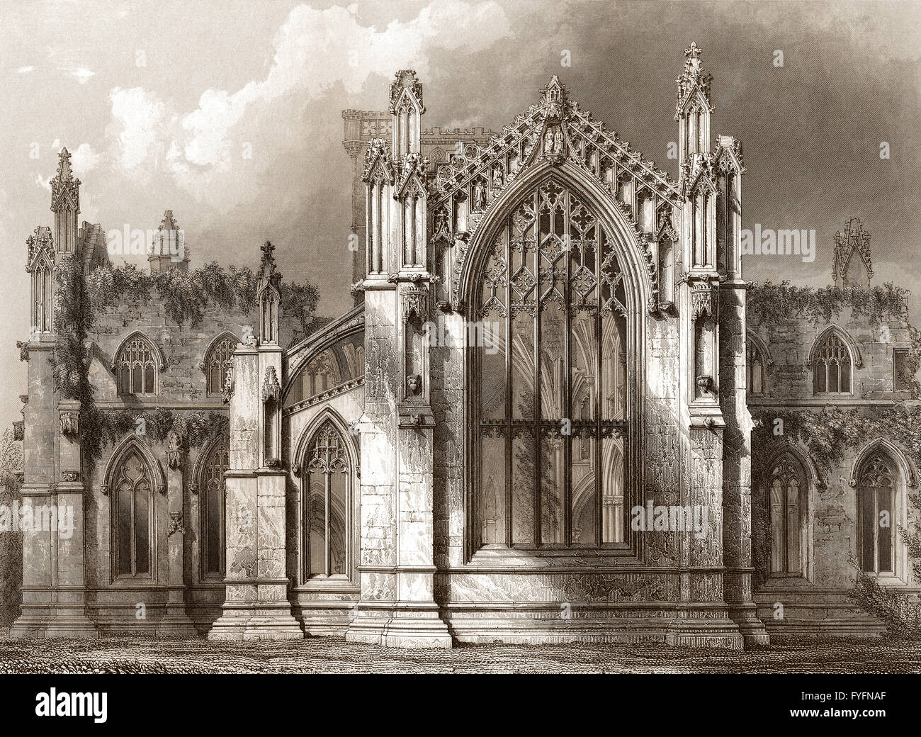 St Mary's Abbey, Melrose, una parzialmente in rovina monastero dell'ordine cistercense in Melrose, Roxburghshire, Scozia Foto Stock