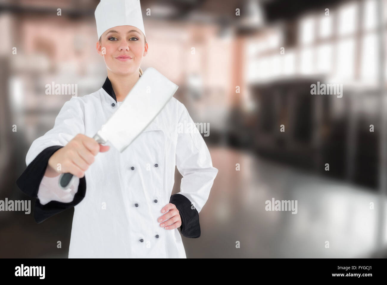 Immagine composita del ritratto femminile di chef con carne cleaver Foto Stock