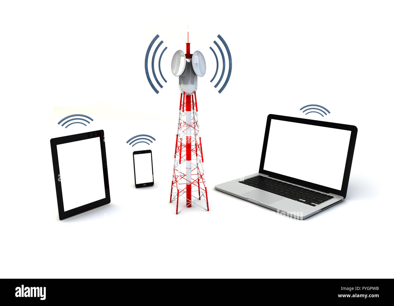 Communicaciones e concetto di mobilità: isolati rendono di antenna e i dispositivi mobili Foto Stock