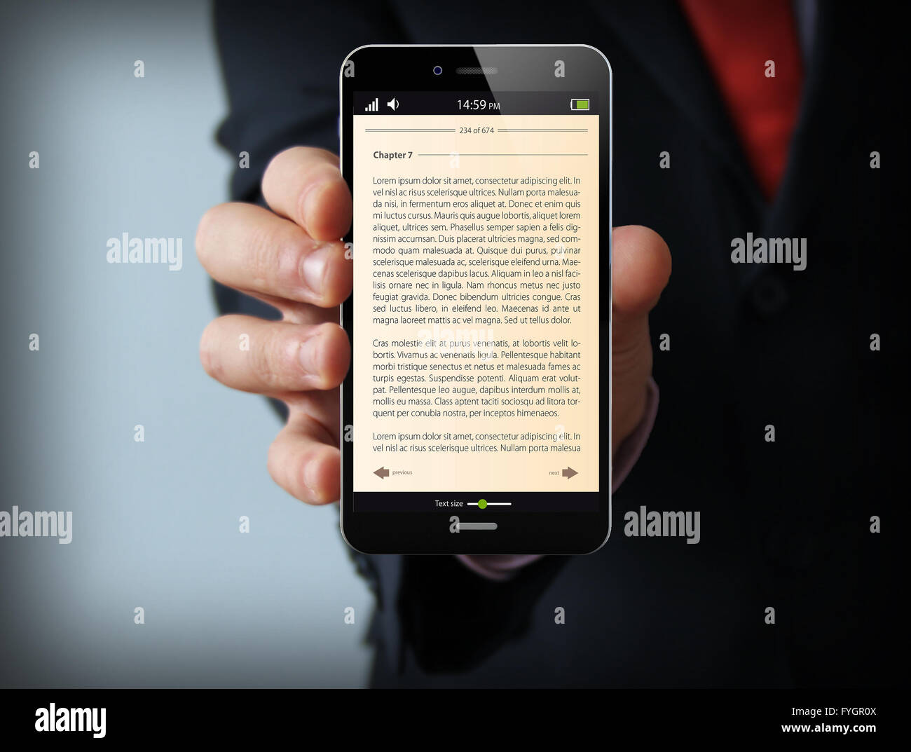 Lettura Mobile e letteratura biblioteca concetto: libro con testo in smartphone touchscreen Foto Stock