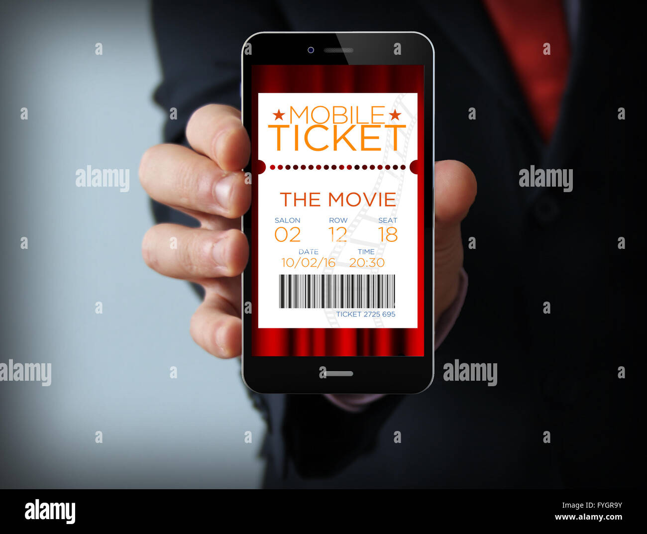 Il concetto di business: imprenditore digitale telefono generato con cinema e-ticket. Tutti i grafici dello schermo sono costituiti. Foto Stock