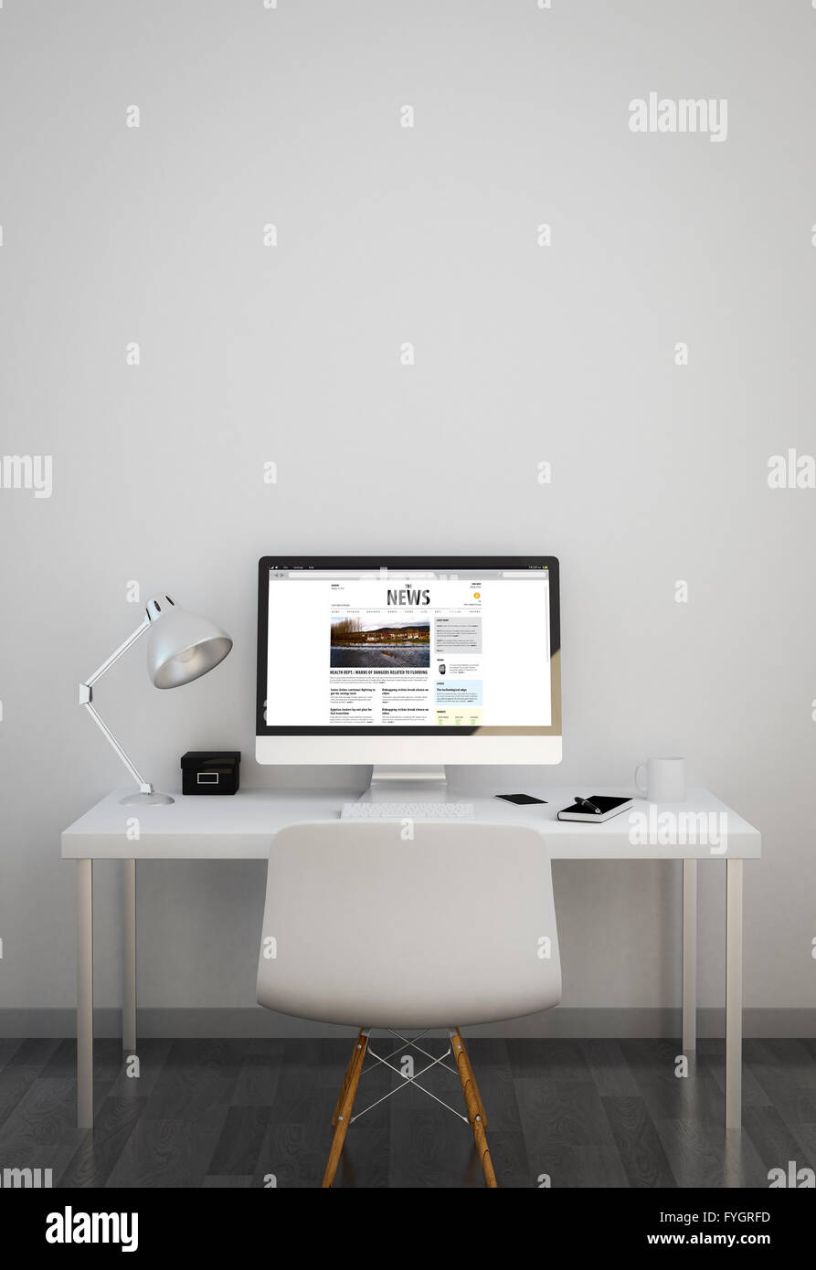 Area di lavoro pulito con il sito web di notizie sullo schermo. tutti i grafici dello schermo sono costituiti. 3d'illustrazione. Foto Stock
