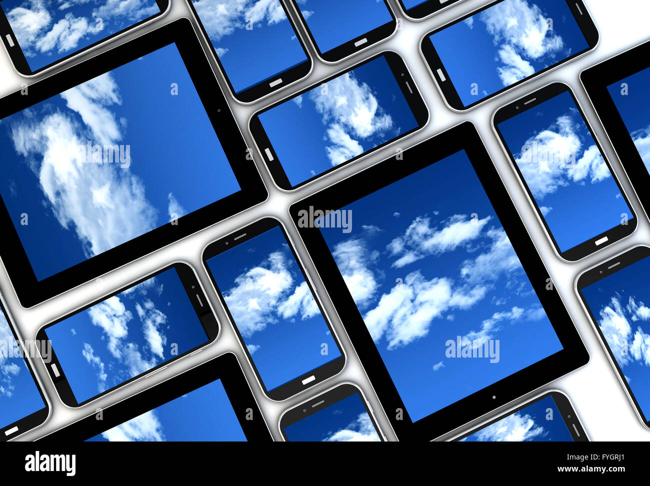 Concetto di cloud: eseguire il rendering di un colletion di dispositivi con le nuvole sullo schermo Foto Stock