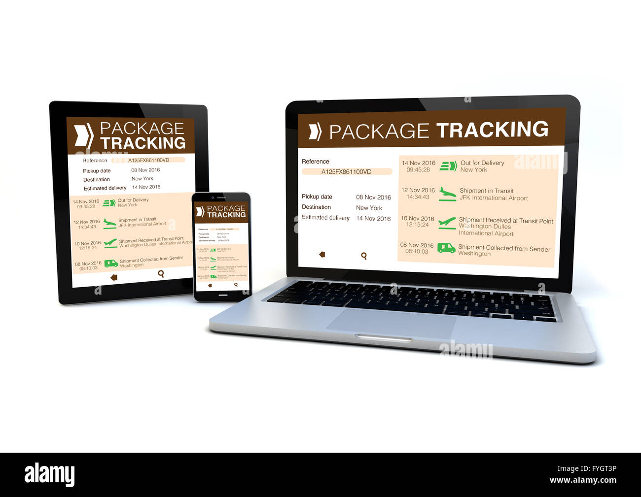 Eseguire il rendering di un smartphone, un tablet pc e un computer con pacchetto web tracking sullo schermo. Tutti i grafici sono fatti. Foto Stock