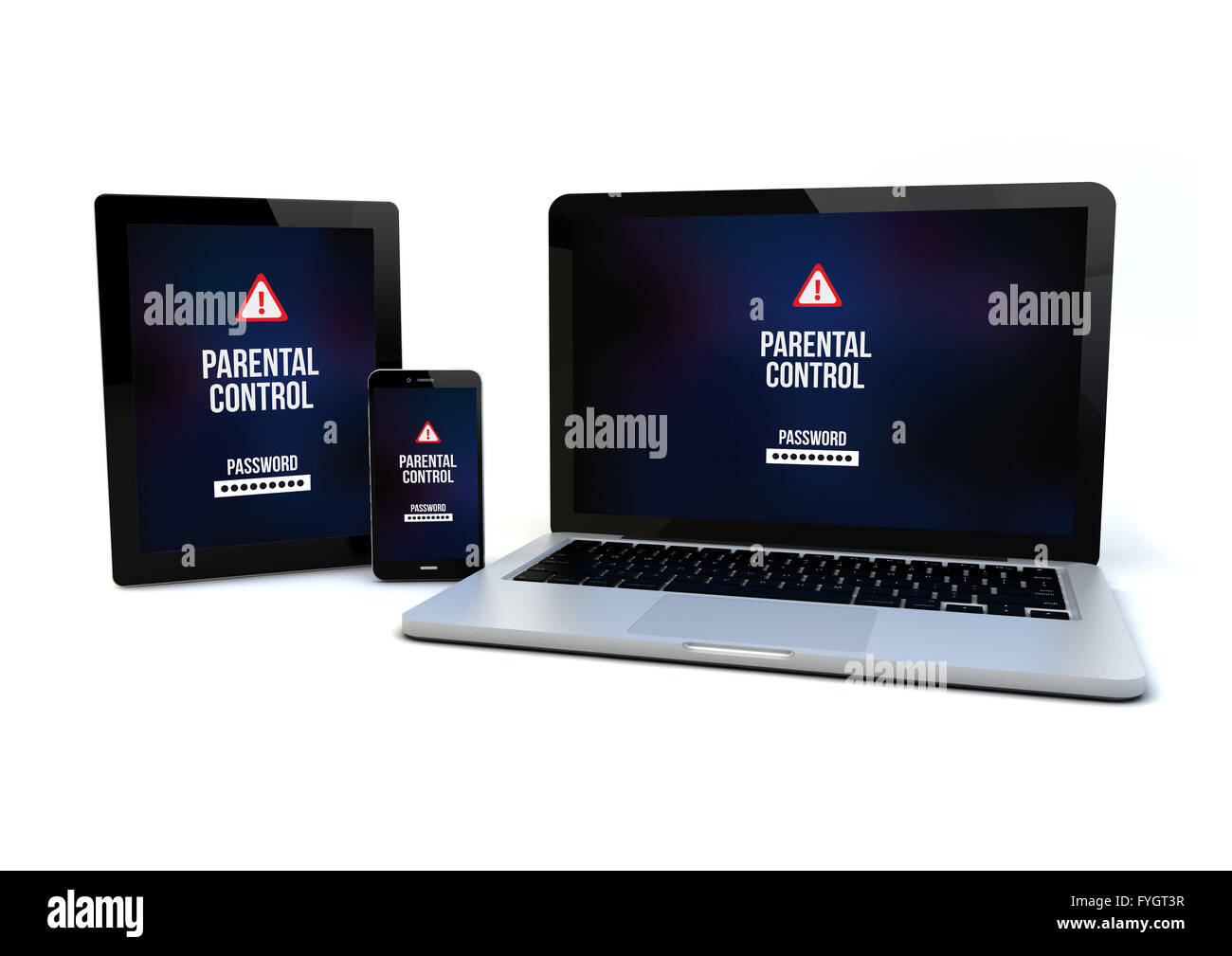 Eseguire il rendering di un smartphone, un tablet PC e di un computer con il controllo genitori sullo schermo. Grafici dello schermo sono costituiti. Foto Stock