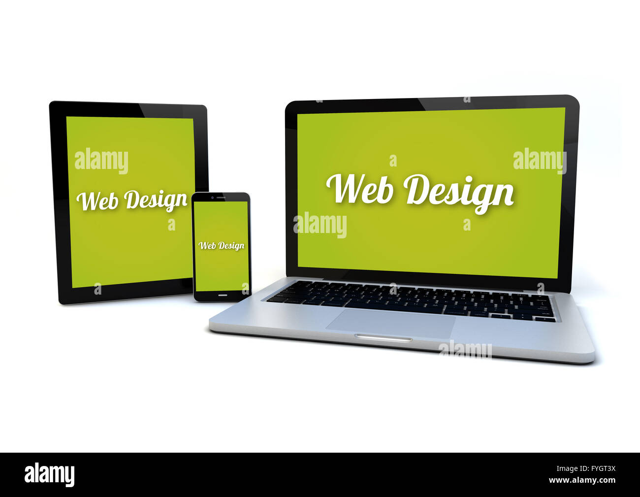 Eseguire il rendering di un smartphone, un tablet PC e di un computer con il reattivo di progettazione web sullo schermo Foto Stock