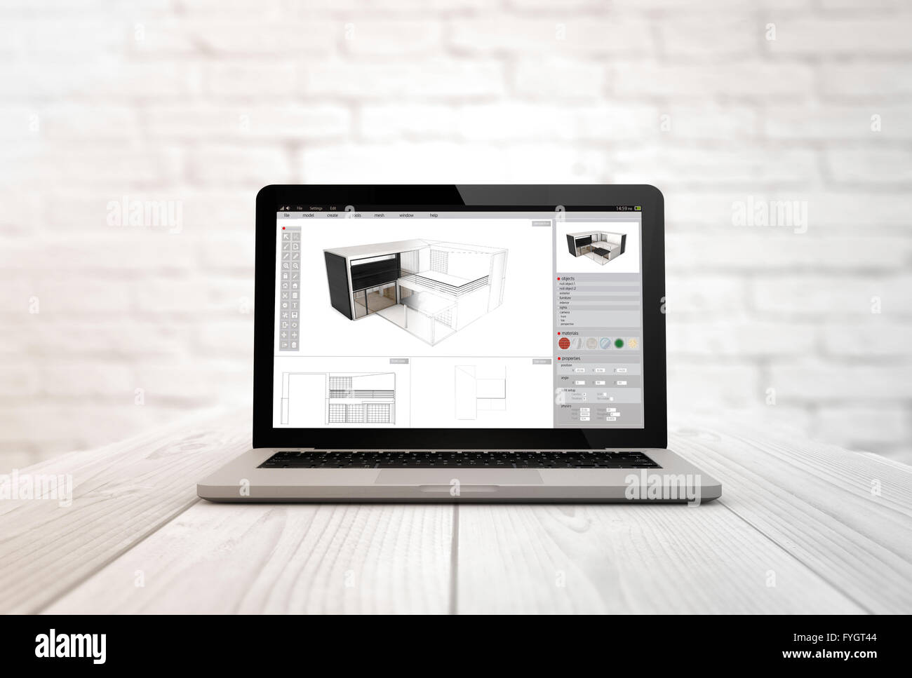 Concetto di architettura: generati digitalmente portatile su un tavolo di legno con architettura software. Grafici dello schermo sono costituiti. Foto Stock