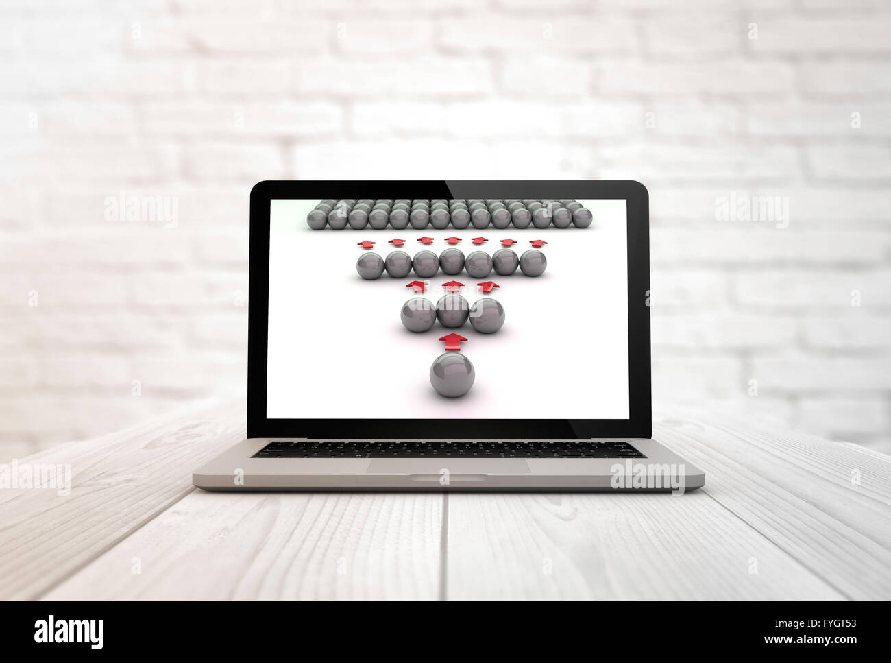 Marketing Viral concetto: generati digitalmente portatile su un tavolo di legno . Grafici dello schermo sono costituiti. 3d'illustrazione. Foto Stock