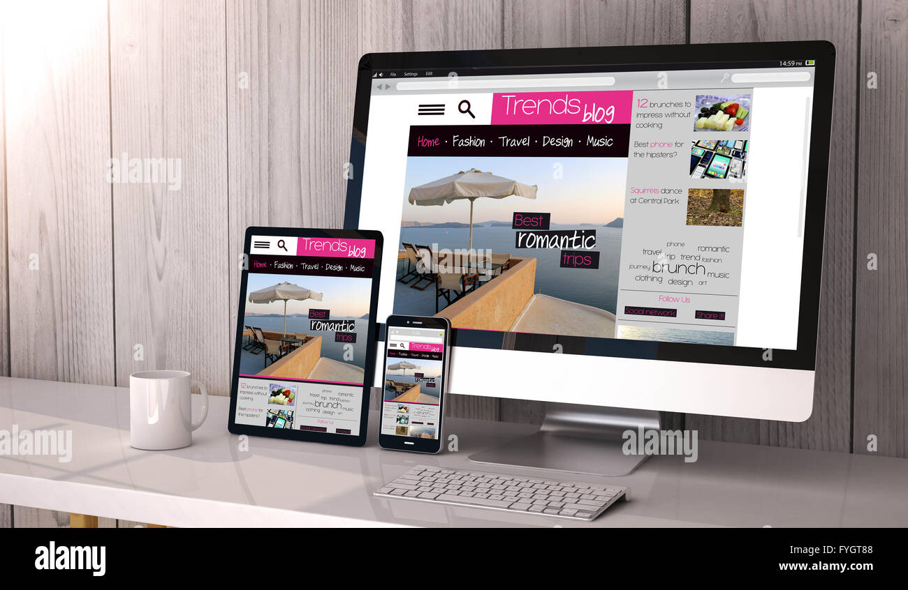 Digitale dispositivi generato sul desktop, tendenze blog sito web sullo schermo. Tutti i grafici dello schermo sono costituiti. Foto Stock