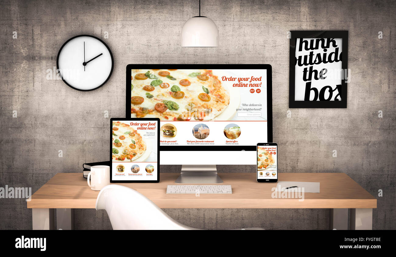 Digital generato workplace desktop con tavoletta digitale, computer portatile e vari oggetti di Office con ordinare cibo online web Foto Stock