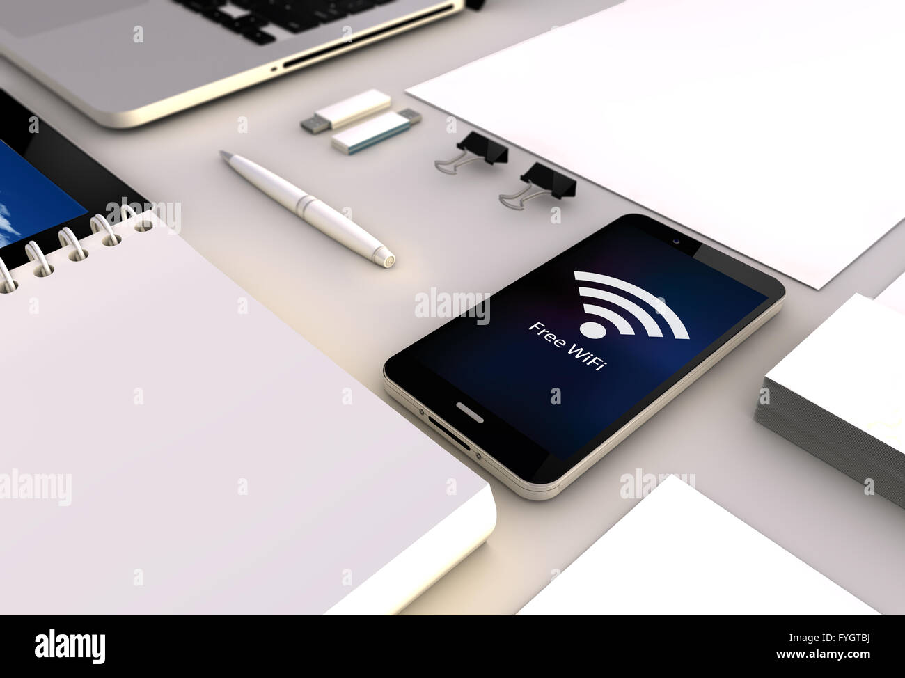 Wifi gratuito concetto: vista ravvicinata di un 3d generati touchscreeen smartphone con wifi gratuito sullo schermo. Grafica a schermo ma sono Foto Stock