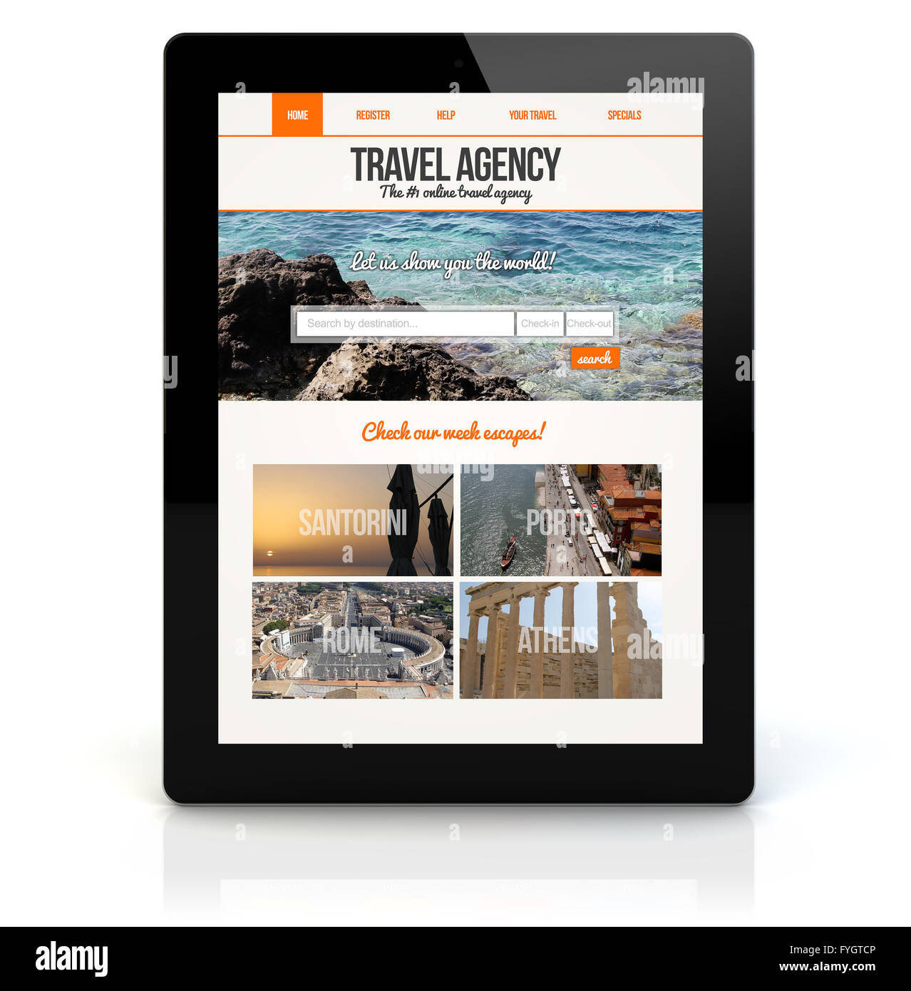 Online Travel concetto: eseguire il rendering di un tablet pc con travel agencyon lo schermo. Grafici dello schermo sono costituiti. Foto Stock
