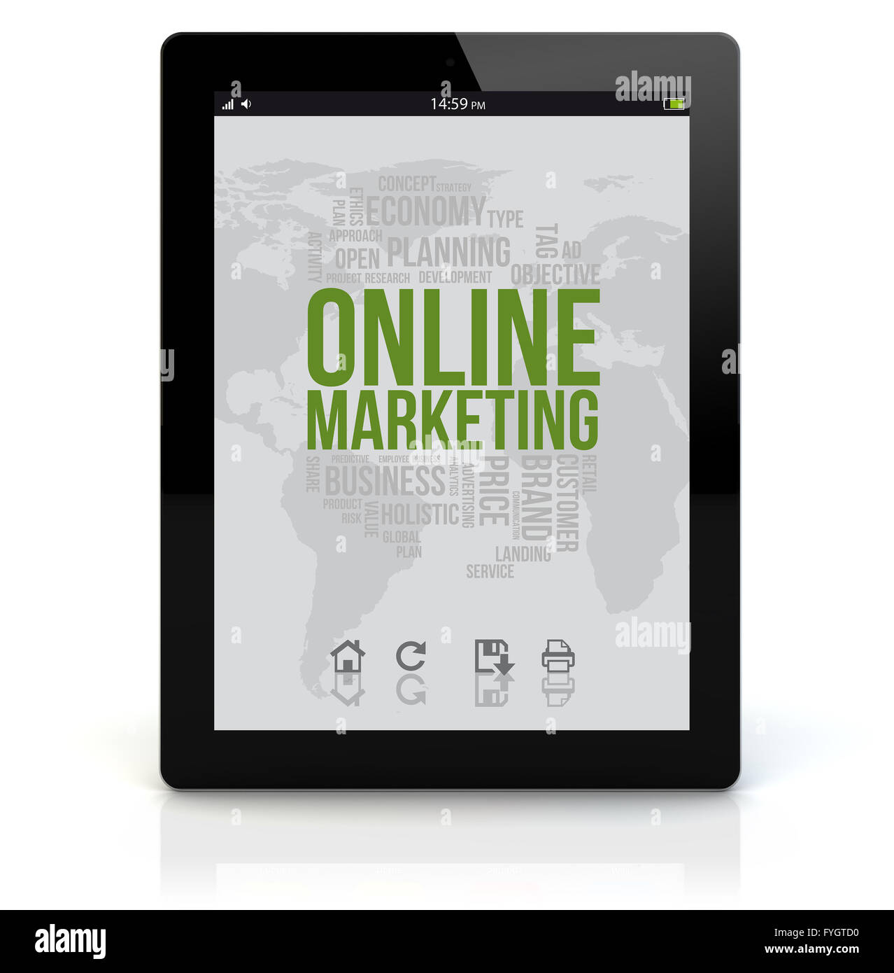 Online marketing concetto: eseguire il rendering di un tablet pc con online markting sullo schermo. Grafici dello schermo sono costituiti. Foto Stock