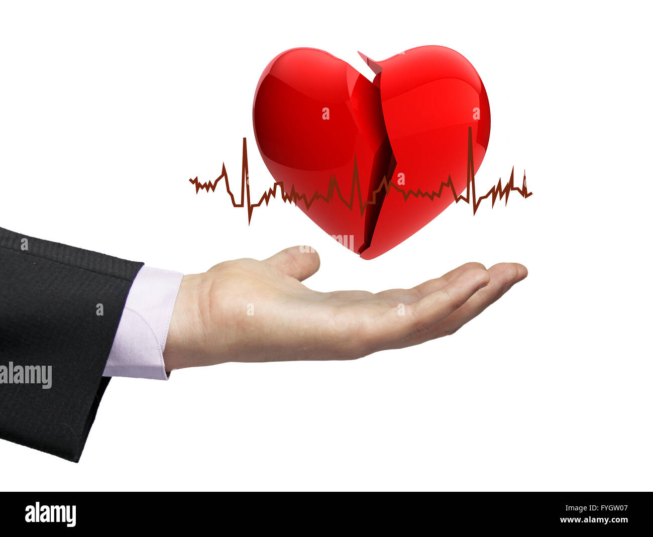 Concetto di malattia: un cuore rotto su un imprenditore mano con elettrocardiogramma Foto Stock