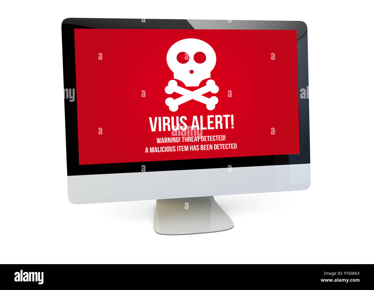 Moderno concetto di sicurezza: eseguire il rendering di un computer con allarme virus sullo schermo isolato Foto Stock
