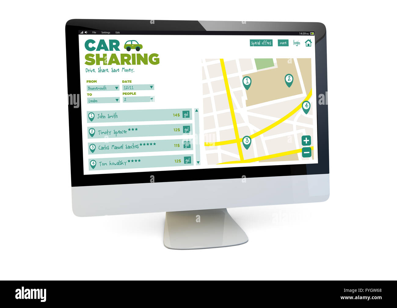Moderno stile di vita viaggio concetto: eseguire il rendering di un computer con il car sharing sullo schermo isolato. Grafici dello schermo sono costituiti. Foto Stock
