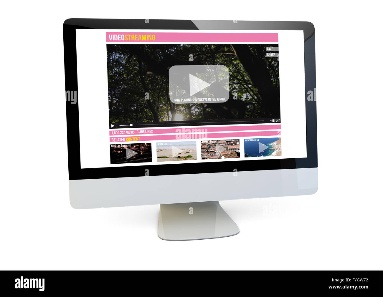Media moderni on-line concept: eseguire il rendering di un computer con video streaming sullo schermo isolato Foto Stock
