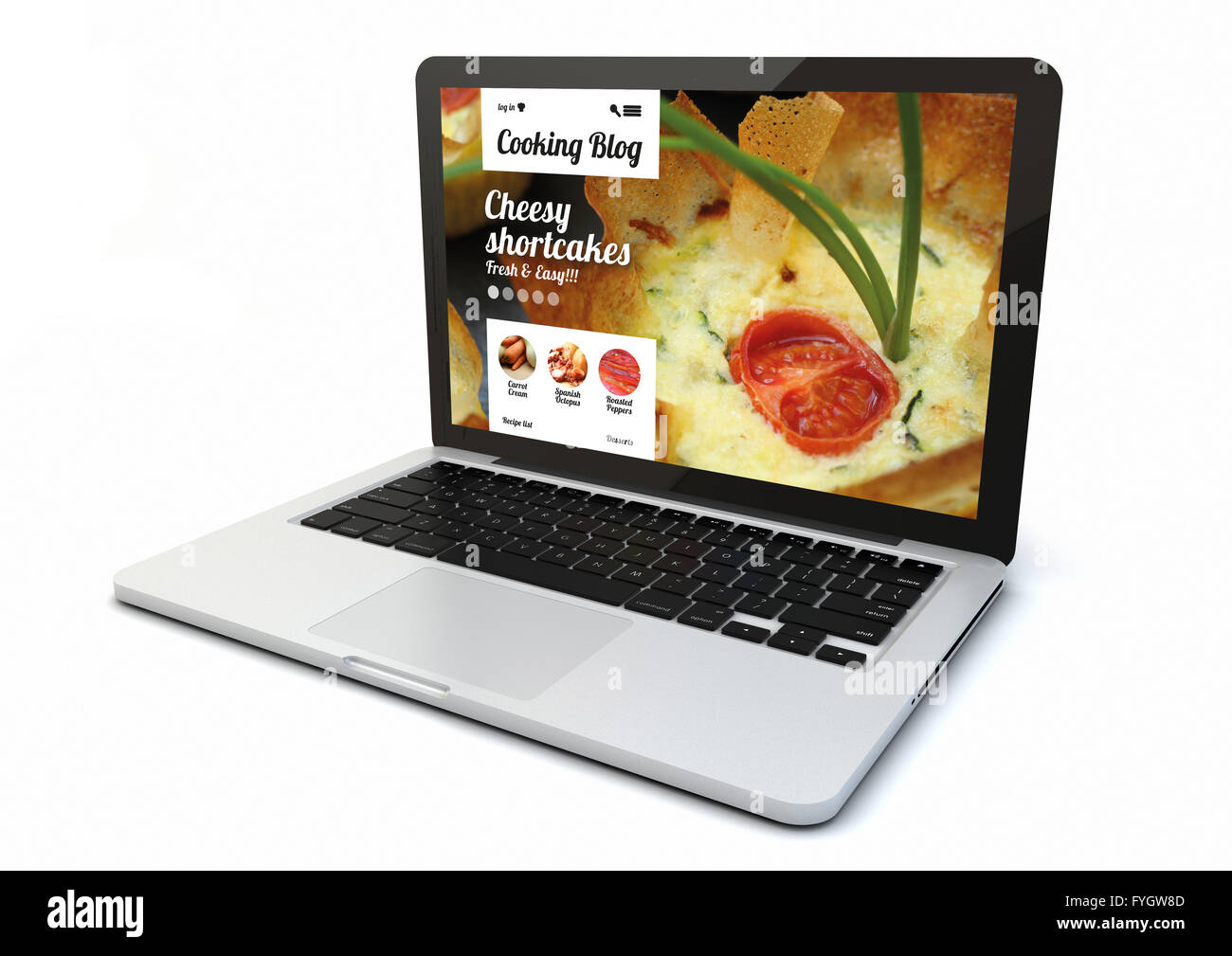 Eseguire il rendering di un computer con la cottura blog sito web sullo schermo isolato su sfondo bianco Foto Stock