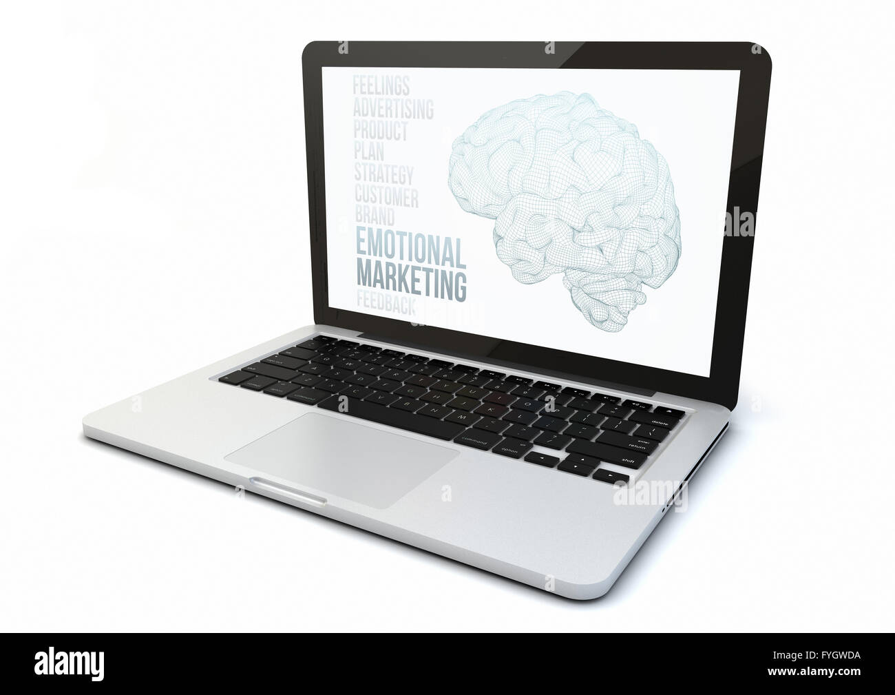 Eseguire il rendering di un 3d generati con il computer marketing emozionale sito web sullo schermo. Grafici dello schermo sono costituiti. Foto Stock