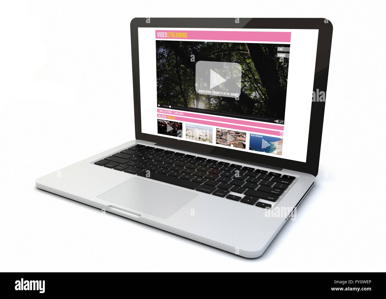 Eseguire il rendering di un 3d generate computer con video streaming sito web sullo schermo. Grafici dello schermo sono costituiti. Foto Stock
