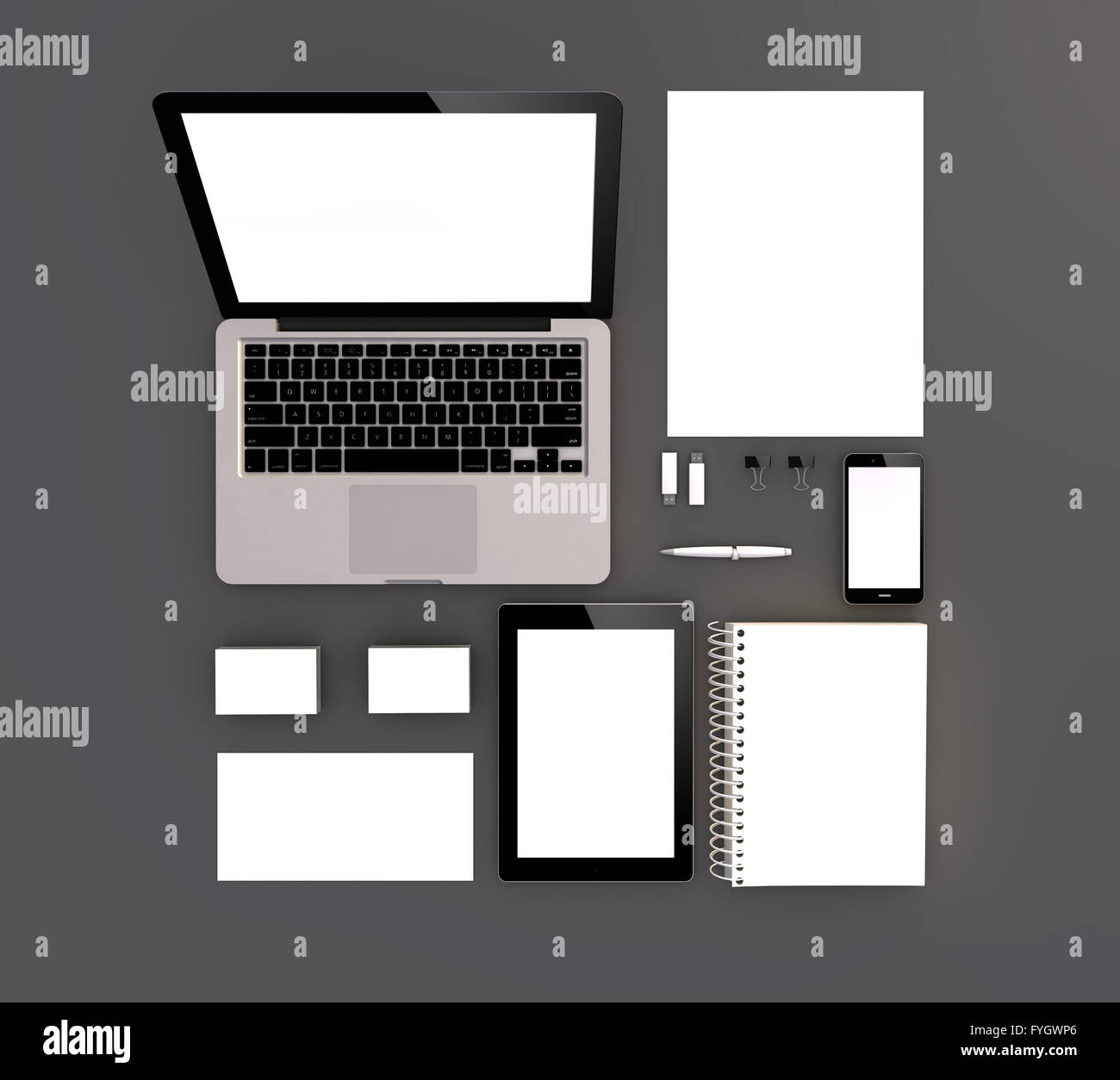 Vuoto 3d serie generata: fogli A4, buste, carta business, cartella, smartphone, matita, laptop, computer, disco flash USB, custodia per CD Foto Stock