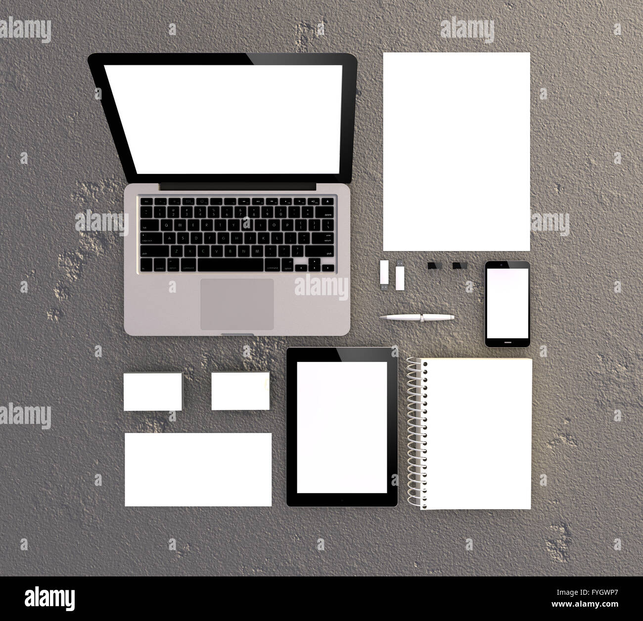 3d vuoti generati cancelleria e Corporate ID modello. Le schede aziendali, computer laptop, carta intestata a4, Tablet PC USB flash d Foto Stock