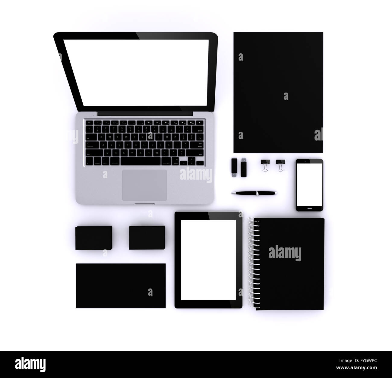 Nero mock-up: business cards, laptop, smartphone, tablet, foglio A4, Brand book, notebook, penna e usb. Foto Stock