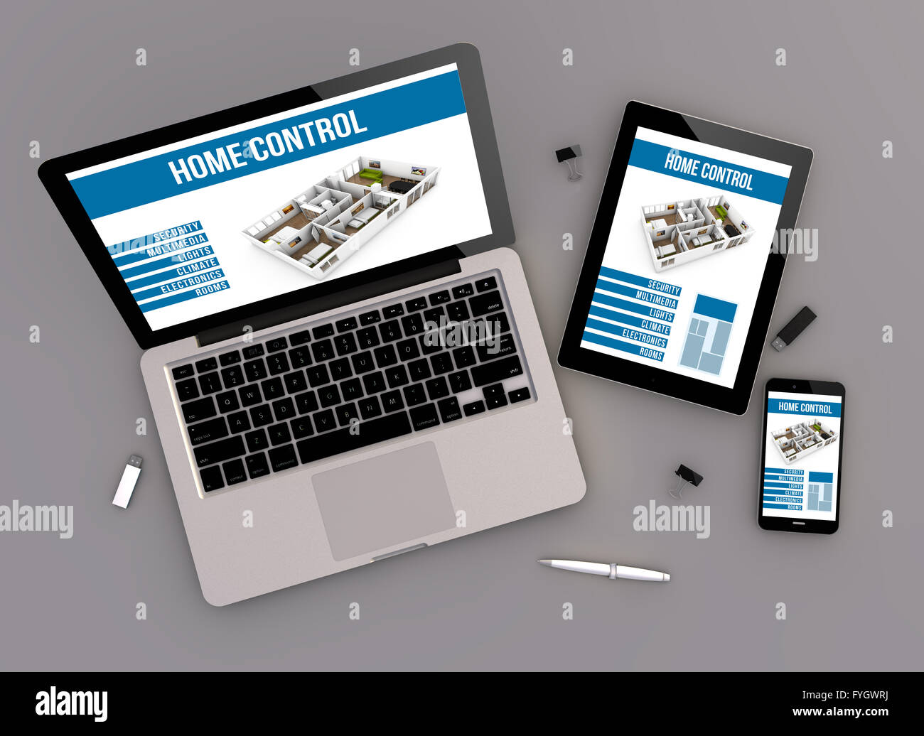 3D Render del controllo home dispositivi sensibili con computer laptop, tablet pc e smartphone touchscreen. vista dall'alto. Tutti gli screen gr Foto Stock